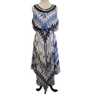 Sandra Darren Belted Midi Dress Womens Size 14 Blue Chevron Beaded Asymmetrical